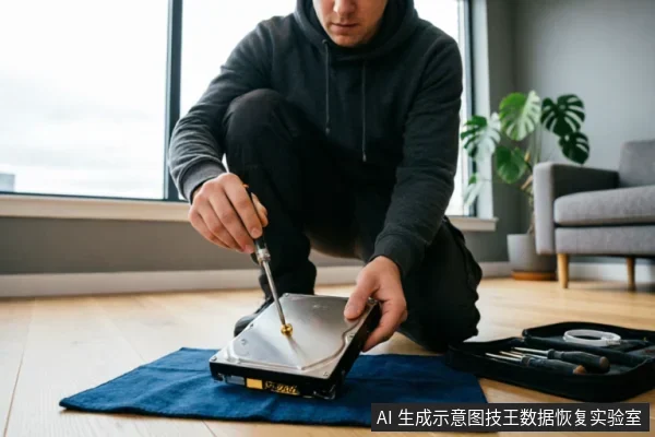 A man in a hoodie crouches on the floor, using a screwdriver to disassemble a hard drive placed on a blue cloth. A tool kit lies nearby.