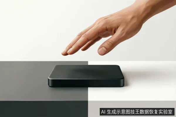一只悬停在黑色移动硬盘上方的手,示意即将接触或刚刚离开设备。背景为黑白双色拼接的极简风格,强调对存储介质的操作与断电评估动作。