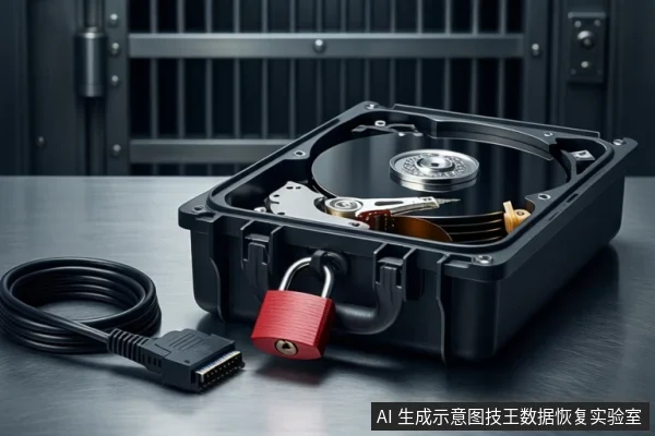 金属桌面上平放一个打开的黑色防震箱,箱内固定一块机械硬盘,侧面挂着一把红色挂锁。左侧盘绕一根黑色SATA数据线,背景为模糊的服务器机柜。