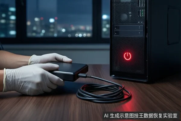 木质桌面上,戴白手套的双手正持握一个黑色移动硬盘,硬盘连接着一根盘绕的黑色数据线。右侧竖立一台黑色塔式主机,正面电源按钮亮红灯。背景为模糊的窗户和城市夜景。