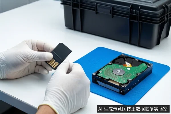 白色桌面上,一双戴白色手套的手正持握一个黑色存储卡适配器,右侧蓝色防静电垫上平放一块打开外壳的机械硬盘,背景为黑色防震箱。