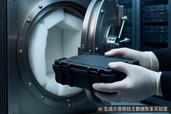 机房环境中,一双戴白色手套的手正握持一个黑色防震箱,将其放入一台打开的圆形金属洁净设备中,背景为服务器机柜。