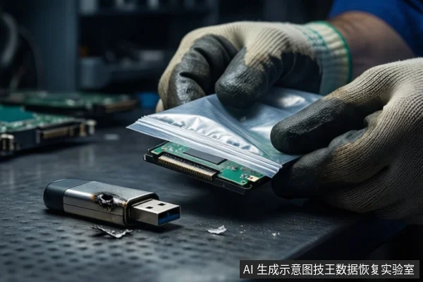 深色桌面上,前景一双戴脏污手套的手持透明防静电袋,袋内装有一块M.2固态硬盘。左侧平放一个外壳破损的U盘,周围散落着碎片。背景为模糊的实验室环境。