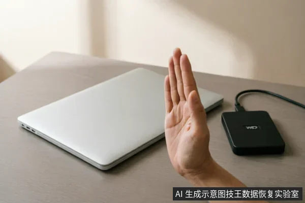 一只手掌竖起做出停止手势，挡在闭合的笔记本电脑与连接着数据线的WD移动硬盘之间，示意在硬盘摔落后应立即停止操作、断开连接并保护原始介质。