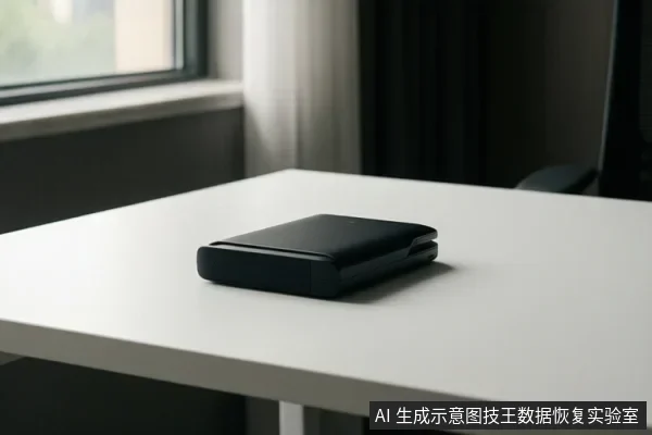 白色桌面上放置一个黑色扁平电子设备,背景为窗户和窗帘,设备处于静止状态。