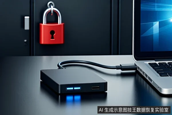 深色桌面上,一个黑色外接硬盘盒通过USB线缆连接至右侧银色笔记本电脑,硬盘盒正面亮着蓝色指示灯。背景为深色金属柜,柜门上挂着一把红色挂锁。