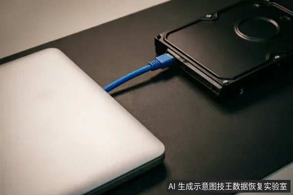 一台银色笔记本电脑通过蓝色编织数据线连接着一块黑色的机械硬盘,展示了外部存储设备与电脑的连接状态,用于示意检查外部连接链路或数据读取环境。