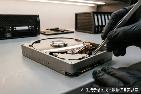画面展示了一名佩戴黑色防静电手套的技术人员,正使用镊子精细操作一块已打开外壳的机械硬盘内部组件。背景可见服务器机架与存储设备,呈现出专业数据恢复或硬件检测实验室的场景。