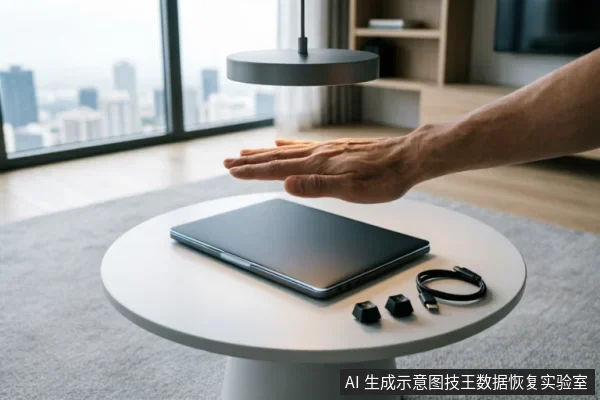 画面展示了一只手悬停在闭合的笔记本电脑上方,桌面上放置着两个黑色的硬盘转接盒及一根数据线。背景为带有城市景观的落地窗,整体呈现现代办公或数据恢复检测环境的氛围。