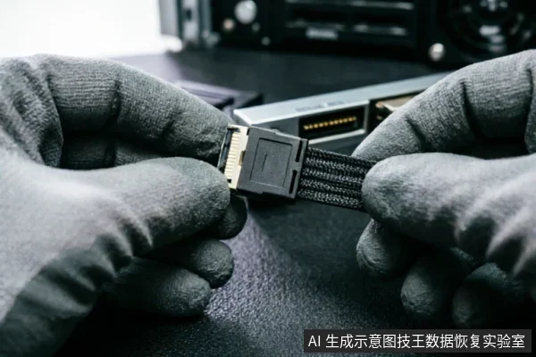 戴着灰色防静电手套的双手正在检查一条SATA数据线，展示其接口与编织线身。背景模糊可见硬盘或电脑硬件设备，示意在电脑无法识别硬盘时，对物理连接线路进行系统性排查与接触不良检查的操作。