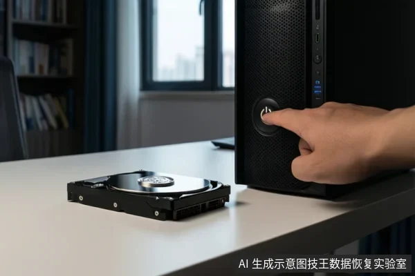 桌面上有一台黑色台式电脑主机,一只手正按压电源按钮,旁边放着一块裸露的机械硬盘。