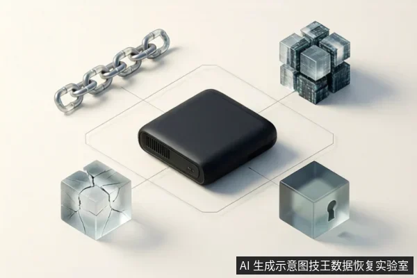 画面中央为一个黑色小型存储设备，四周通过线条连接四个象征性图标：金属链条、堆叠的透明数据块、碎裂的冰块和带钥匙孔的透明立方体。