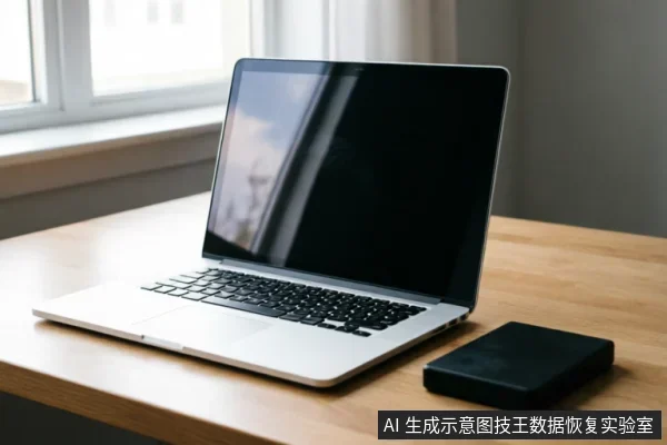 木质桌面上放置着一台打开的银色笔记本电脑，屏幕处于黑屏状态，右侧紧邻一个黑色的长方形移动硬盘。背景为明亮的窗户，画面展示了数据恢复咨询场景中常见的设备与介质组合。
