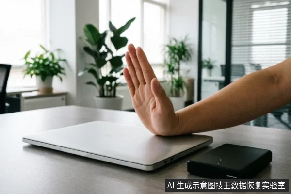 办公桌面上放置着一台闭合的银色笔记本电脑和一个黑色移动硬盘,一只手掌从右侧伸出,掌心向外做出明确的“停止”手势,覆盖在电脑上方。画面直观传达了在设备故障时立即停止操作、禁止写入或通电的警示含义。
