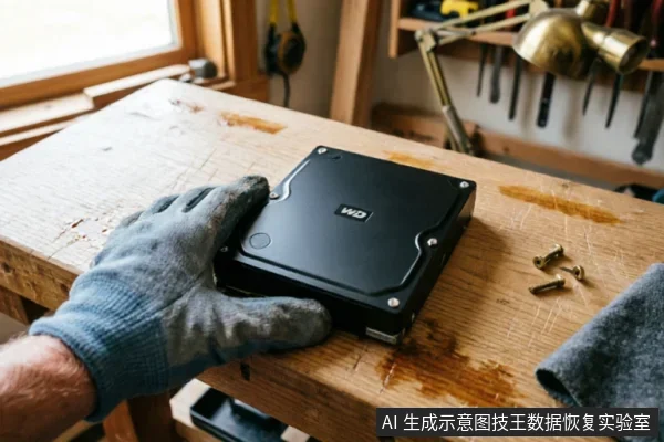 一只戴着灰色防护手套的手正按在放置于木质工作台上的黑色WD硬盘上,旁边散落着几颗金属螺丝和一块深灰色抹布,背景可见悬挂的工具,呈现出硬件检测或拆解的现场环境。