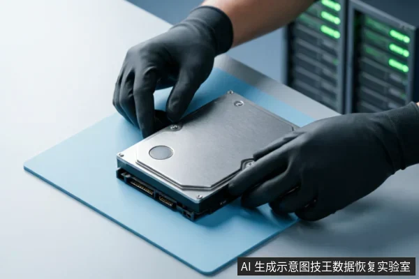 一名佩戴黑色防静电手套的技术人员,在蓝色防静电垫上双手持握一块裸露的机械硬盘。背景可见模糊的服务器机柜及绿色指示灯,展示了专业数据恢复实验室中对故障硬盘进行物理检查与诊断的场景。