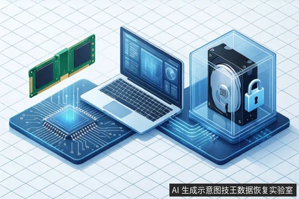 白色网格背景上,左侧为悬浮的绿色内存条和蓝色电路板芯片,中间为打开的笔记本电脑,右侧为透明立方体内的机械硬盘和蓝色挂锁。