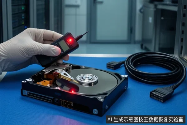 蓝色防静电垫上平放一块打开外壳的机械硬盘,露出盘片与磁头组件。左侧一只戴白色手套的手正握持一个带红色指示灯的黑色手持设备,对准硬盘。右侧盘绕着一根黑色SATA线缆。背景为模糊的服务器机柜。