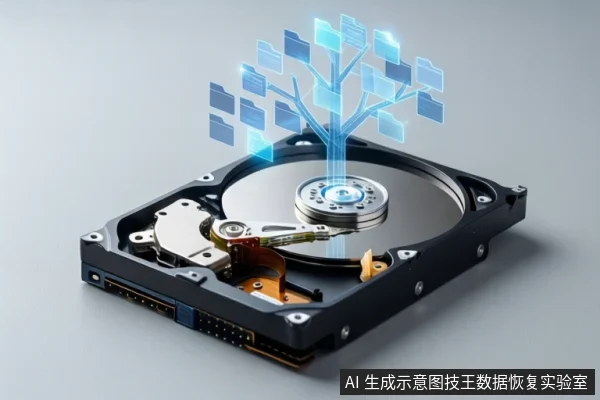 灰色背景中,一块打开外壳的机械硬盘平放,上方悬浮着由蓝色文件夹图标组成的树状结构,示意数据层级。