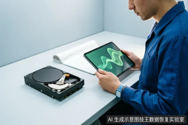 一名身穿蓝色工装的技术人员坐在桌前,手持平板电脑查看绿色波形数据,桌面上放置着一个已打开外壳、露出内部盘片与磁头臂的机械硬盘,旁边有一本翻开的记录册。