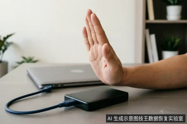 一只手掌向前伸出做出停止手势，挡在连接着笔记本电脑的黑色移动硬盘前方。桌面背景模糊，可见绿植与书架，画面直观传达禁止操作或立即断电的警示含义。