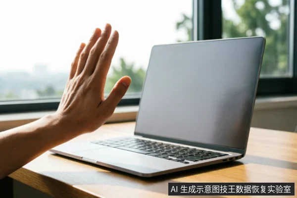 一只手掌在笔记本电脑屏幕前做出停止的手势,示意暂停或拒绝操作。电脑放置在木质桌面上,背景为窗户,强调在故障处理中保持现状、避免写入的关键原则。