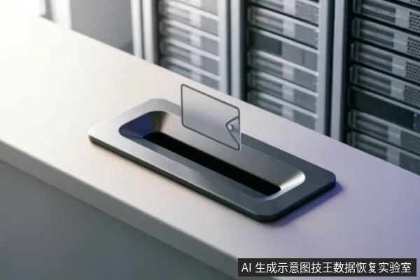 画面展示了一个嵌入白色台面的金属数据回收槽,一张卡片正悬浮插入其中,背景为模糊的服务器机柜。该图呈现了专业数据存储或硬件寄修中心的现代化设备环境,暗示了将硬盘送至专业实验室进行检测的场景。