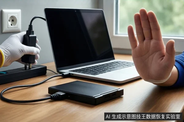 木质桌面上放置一台黑屏的银色笔记本电脑和一个黑色移动硬盘。左侧一只戴白色手套的手握持黑色电源插头,右侧一只未戴手套的手掌心朝外做出停止手势,背景为模糊的窗户。