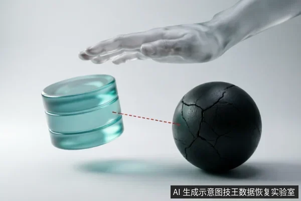 画面展示了一个半透明的手悬停在左侧青绿色圆柱体（象征安全存储）与右侧黑色裂纹球体（象征受损硬盘）上方。一条红色虚线连接两者，寓意在数据恢复过程中，需在受损介质与安全备份之间建立正确的操作关联与隔离，避免对故障源进行破坏性写入。