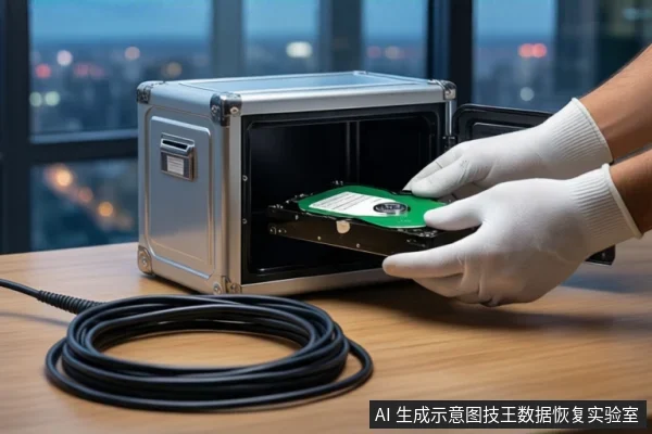 木质桌面上,戴白手套的双手正持握一块绿色电路板的机械硬盘,准备放入打开的银色金属防震箱中。前景盘绕着一根黑色数据线,背景为模糊的城市夜景。