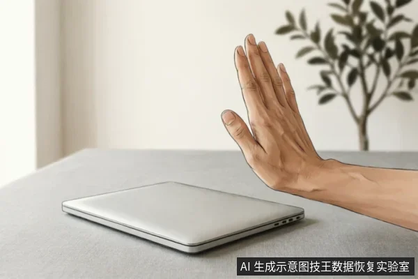 一只写实风格的手掌在闭合的银色笔记本电脑前做出“停止”或“拒绝”的手势,示意立即停止操作。背景简洁,隐喻面对硬盘故障时应避免盲目通电或写入,需保持静置以保护数据安全。