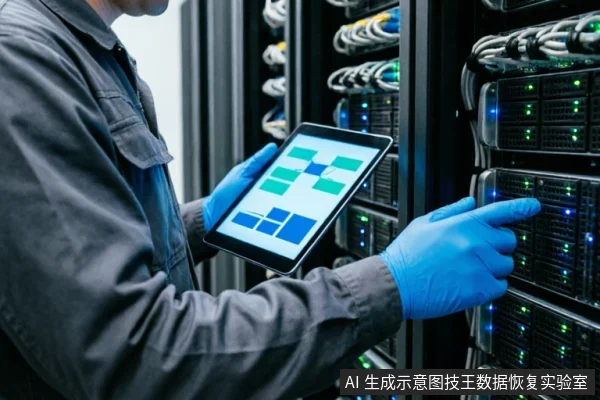 一名身穿深色工装、佩戴蓝色防静电手套的技术人员站在服务器机柜前,左手持平板电脑显示数据状态图,右手正在检查或操作亮着指示灯的服务器硬件模块。