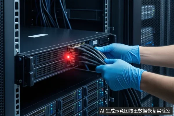 戴蓝色手套的双手正在服务器机柜前整理并连接多根黑色网线,黑色机架式设备正面有红色指示灯亮起,背景为其他服务器设备。