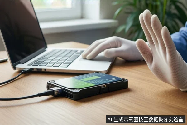 木质桌面上,一只戴白色手套的手在笔记本电脑旁做出停止手势,前景平放一个连接着线缆的黑色移动硬盘。