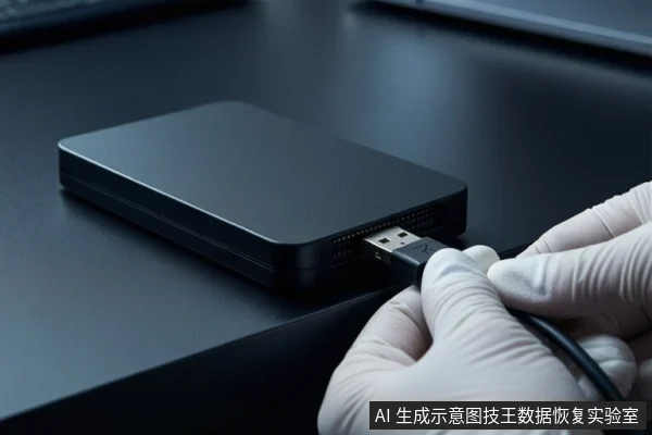 深色桌面上平放一个黑色移动硬盘,右侧一双戴白色手套的手正将USB线缆插入硬盘接口。