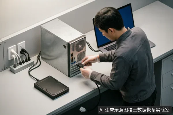 一名身穿灰色工装并佩戴防静电手套的技术人员,正在将移动硬盘连接至银色台式机主机。桌面上放置着笔记本电脑和电源插座,展示了专业数据恢复实验室中对存储介质进行安全接入与评估的场景。