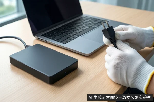木质桌面上放置一台银色笔记本电脑和一个黑色移动硬盘。右侧一双戴白色手套的手正握持一个黑色电源插头,悬停在桌面上方。背景为模糊的窗户。