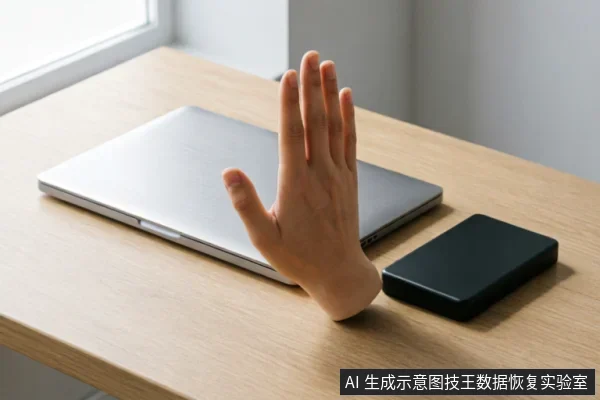 一只手掌在木质桌面上做出停止的手势,挡在一台闭合的银色笔记本电脑前。旁边放置着一个黑色的移动硬盘,示意在存储设备故障时应立即停止通电操作。