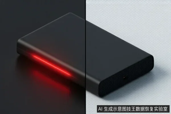 黑色移动硬盘外观示意图，左侧展示侧面红色指示灯亮起，右侧展示端部接口与散热孔结构。