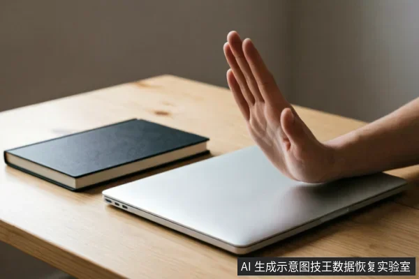 一只手掌在闭合的银色笔记本电脑上方做出明显的“停止”手势,旁边放有一本黑色笔记本。画面通过肢体语言直观传达出禁止操作、暂停工作以保护数据的含义。
