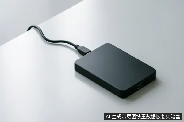 一个黑色的移动硬盘或外接存储设备平放在白色桌面上,连接着一条黑色数据线,侧面可见USB接口,画面简洁无多余装饰。
