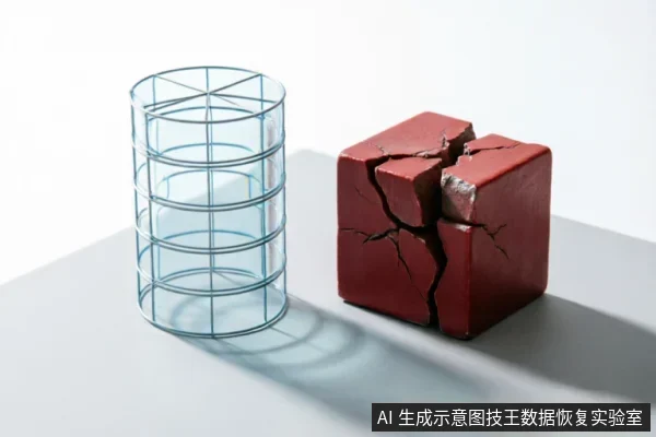 画面展示了一个完整的蓝色金属线框圆柱体与一个严重开裂、破碎的红色立方体并排置于白色台面上。红色方块表面布满裂纹且结构崩解,与旁边完好的线框形成鲜明对比,直观呈现了物体从完整到损坏的状态差异。