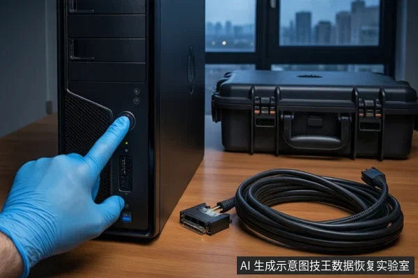 木质桌面上,一只戴蓝色手套的手正按压黑色台式主机前部的电源按钮。主机右侧盘绕着一根黑色SATA数据线,后方放置一个闭合的黑色防震箱。背景为模糊的窗户和城市夜景。