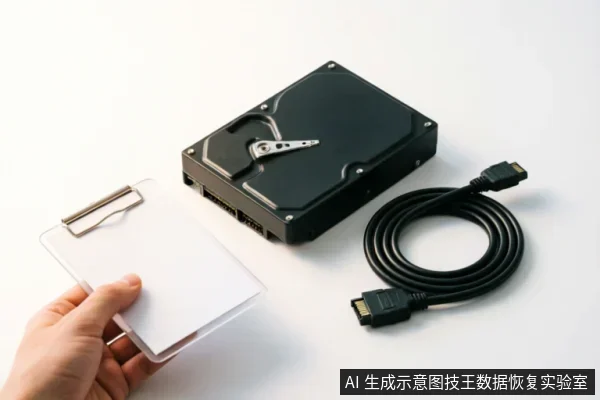 画面展示了一块黑色的机械硬盘、一根盘绕的黑色数据线,以及一只手持透明塑料卡套(内含白纸)的手。背景为纯白色,无其他干扰物体。