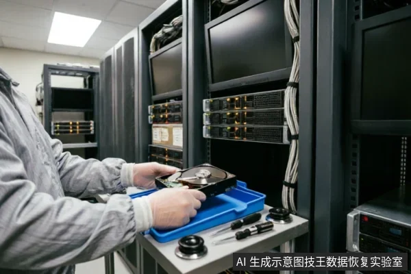 一名身穿防静电服的技术人员正在服务器机房内，从移动工作台上拿起一块机械硬盘进行检查。周围是密集的服务器机柜和线缆，工作台上放有蓝色托盘及维修工具，展示了专业数据恢复或硬件检测的实操场景。