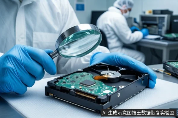 洁净室环境中,前景白色桌面上平放一块打开外壳的机械硬盘,露出绿色电路板与盘片组件。一双戴蓝色手套的手正握持放大镜,悬停在硬盘上方进行观察。背景中一名身穿白色无尘服的技术人员正在操作设备。