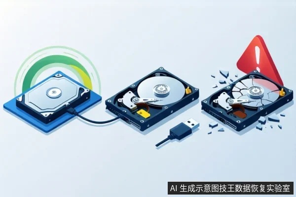 画面中横向排列三块机械硬盘,左侧硬盘连接蓝色底座,中间硬盘旁有USB接头,右侧硬盘盘片碎裂并伴有红色警告标志。