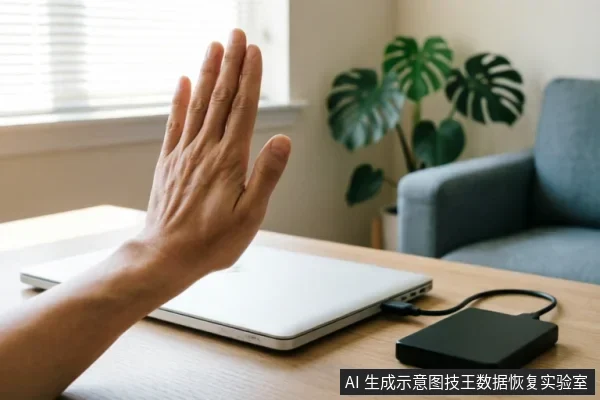 一只手掌在连接着黑色移动硬盘的笔记本电脑前做出停止或拒绝的手势。桌面环境整洁,背景有绿植和沙发,画面通过肢体语言直观传达出“暂停操作”或“禁止初始化”的含义,契合故障排查时避免进一步干扰的提示。