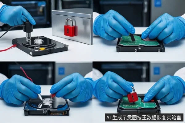 四宫格画面:戴蓝色手套的双手在白色桌面上操作裸露机械硬盘,包括使用工具接触盘片、电路板,以及将红色挂锁扣在硬盘上。背景为模糊的实验室环境。