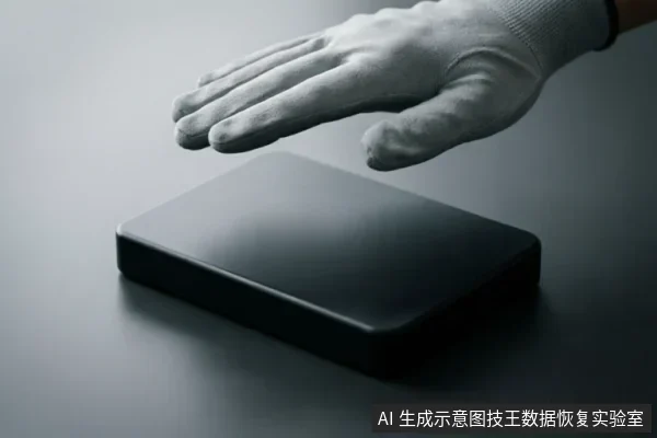 一只戴着白色防静电手套的手悬停在黑色移动硬盘上方,未接触设备表面。画面背景简洁灰暗,突出展示对存储介质的谨慎操作与保护姿态,象征数据恢复前的只读排查与防止二次损坏原则。